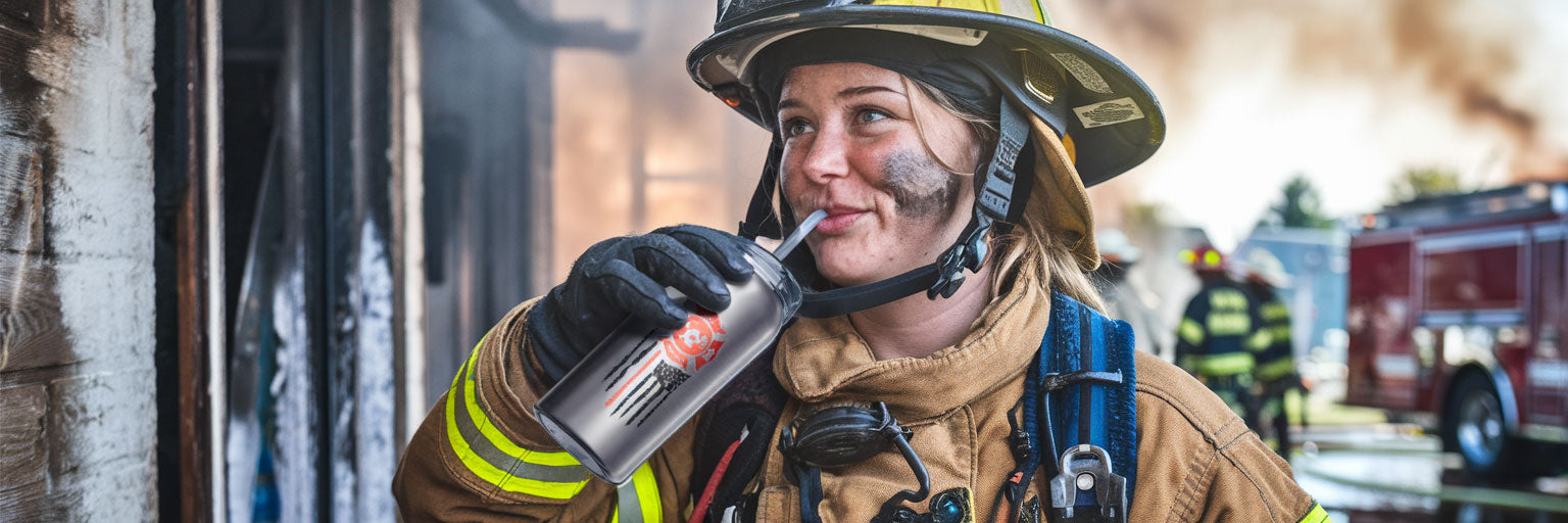 Firefighter-woman-drinking-tumbler-wide-banner
