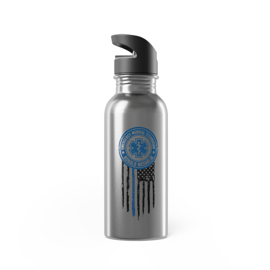 Left side of a Steel Tumbler with straw with a design for EMTs that includes a tattered flag with a single blue line.