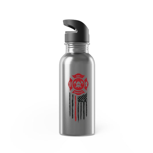 Left side of Steel Tumbler with straw and a design of the firefighter maltese and tattered flag hanging down with red stripe