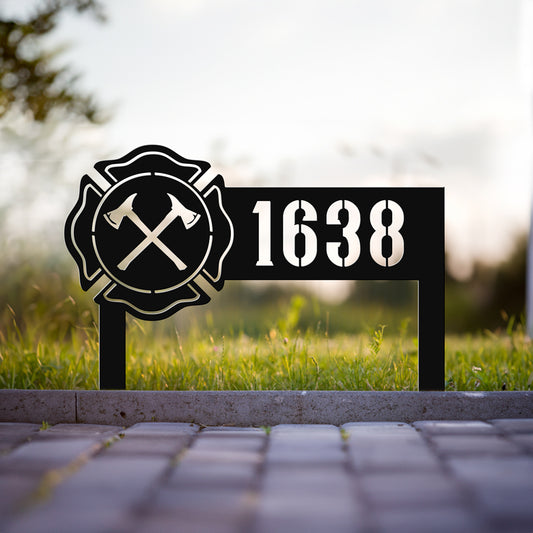 Firefighter Address Sign | Crossed Axes Metal Curb Marker