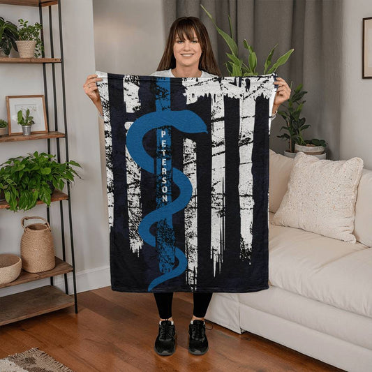 Personalized EMT/Paramedic Coral Fleece Blanket – Grunge Rod of Asclepius Design