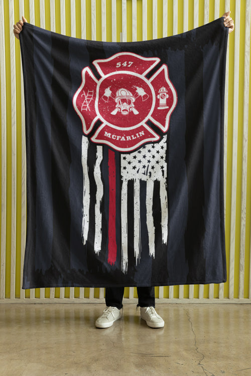 Personalized Firefighter Coral Fleece Blanket – Maltese Cross and Thin Red Line Design
