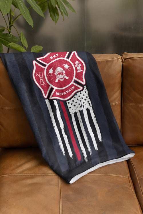 Personalized Firefighter Coral Fleece Blanket – Maltese Cross and Thin Red Line Design