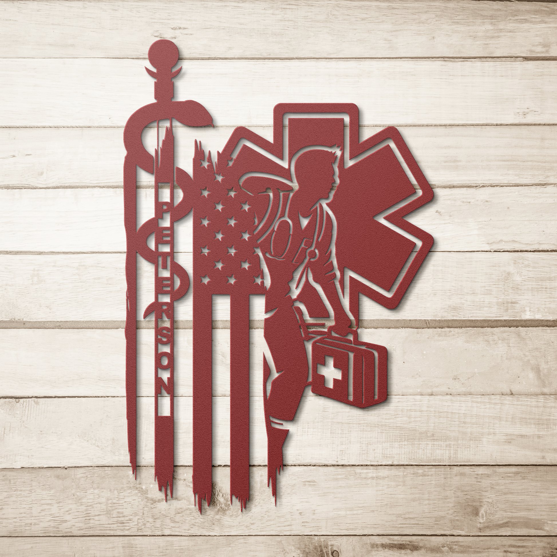 Personalized_EMT__Paramedic_Metal_Sign__Red_Simple_Wood_BKGD_Mockup.png