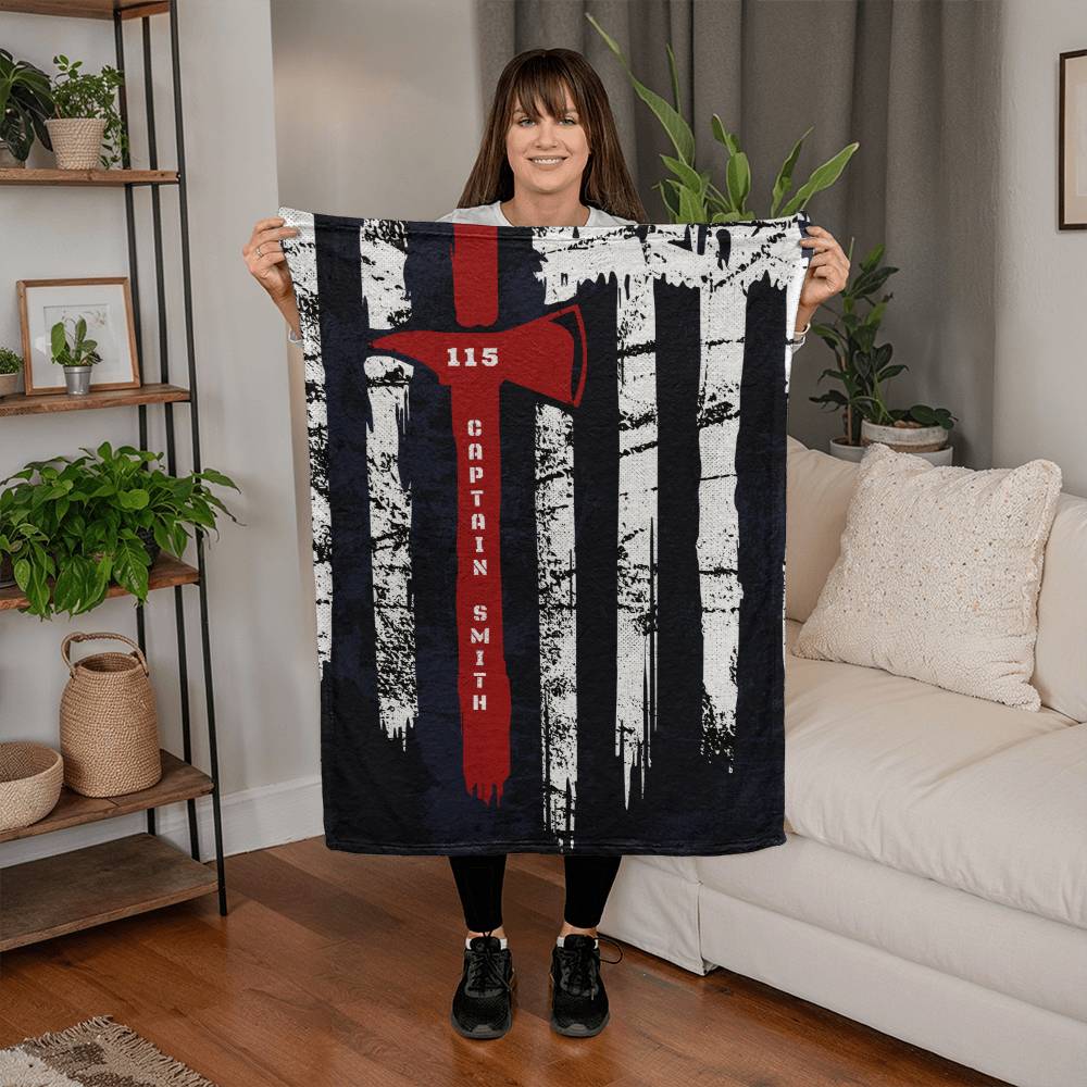 Personalized Firefighter Coral Fleece Blanket – Grunge Axe Flag Design